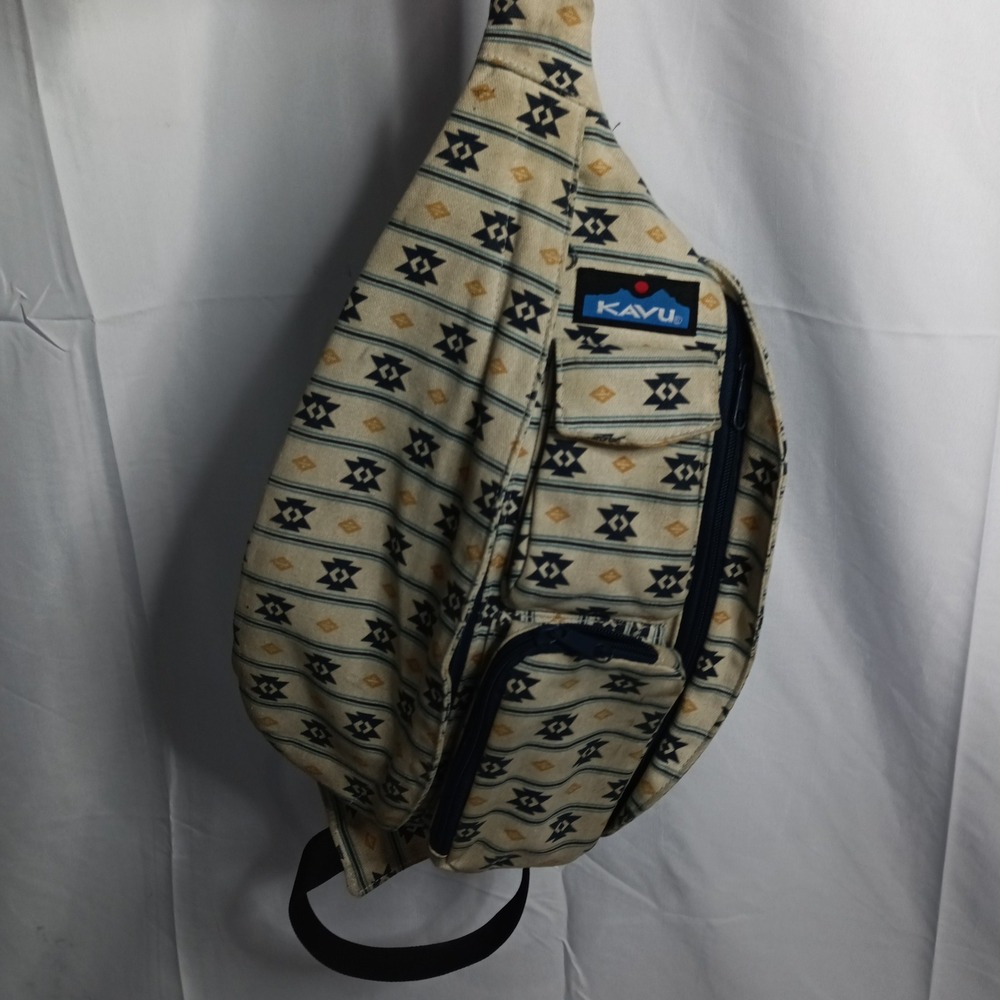 KAVU Rope Bag Canvas Sling Backpack Geometric Tribal Pattern Beige Blue s12